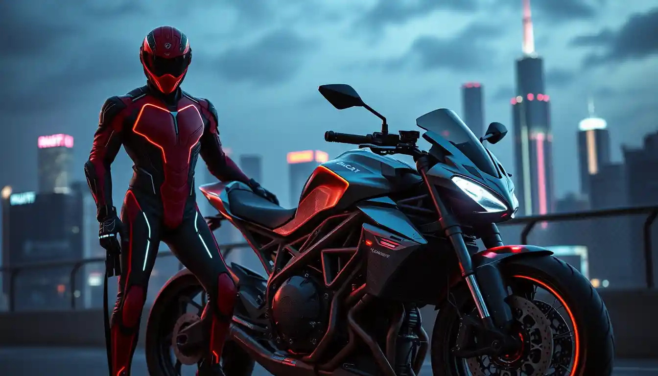 Tron style warrior with Ducati bike in cyberpunk city