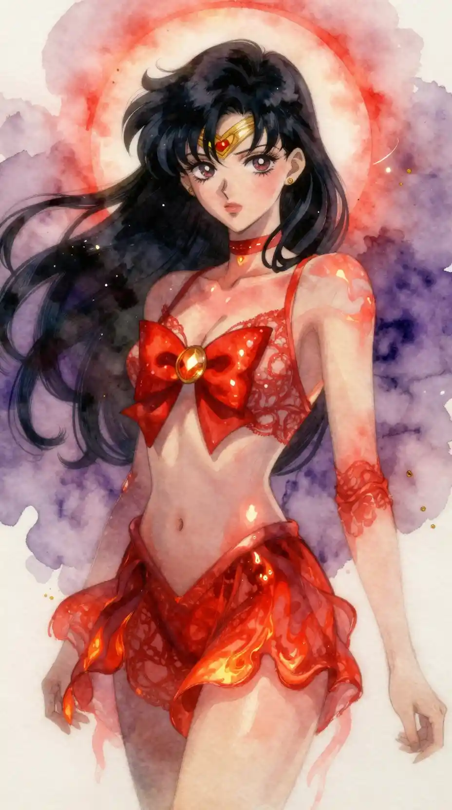 Watercolor portrait of a fiery anime woman in red lace