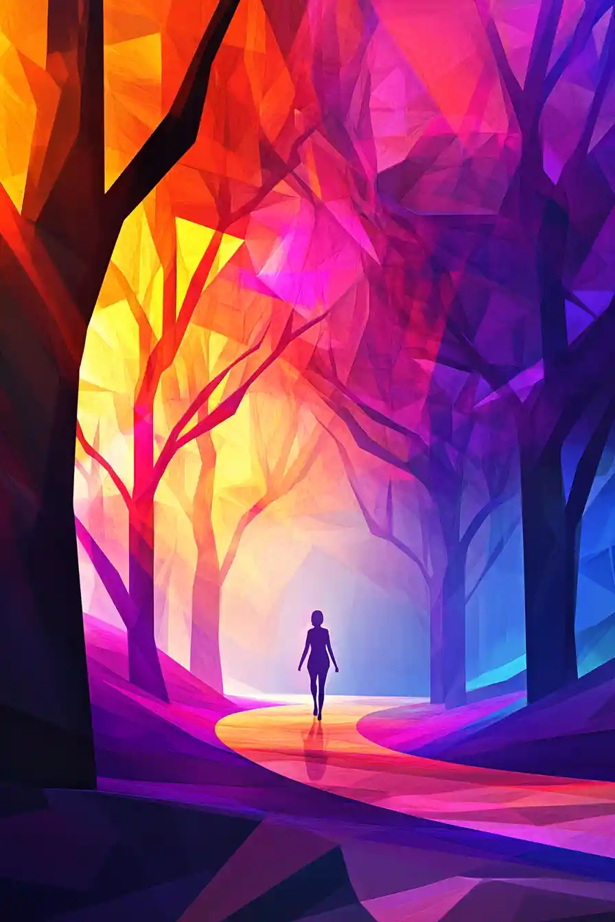 Low-Poly-abstrakte Bäume im lebhaft wirbelnden Nebel