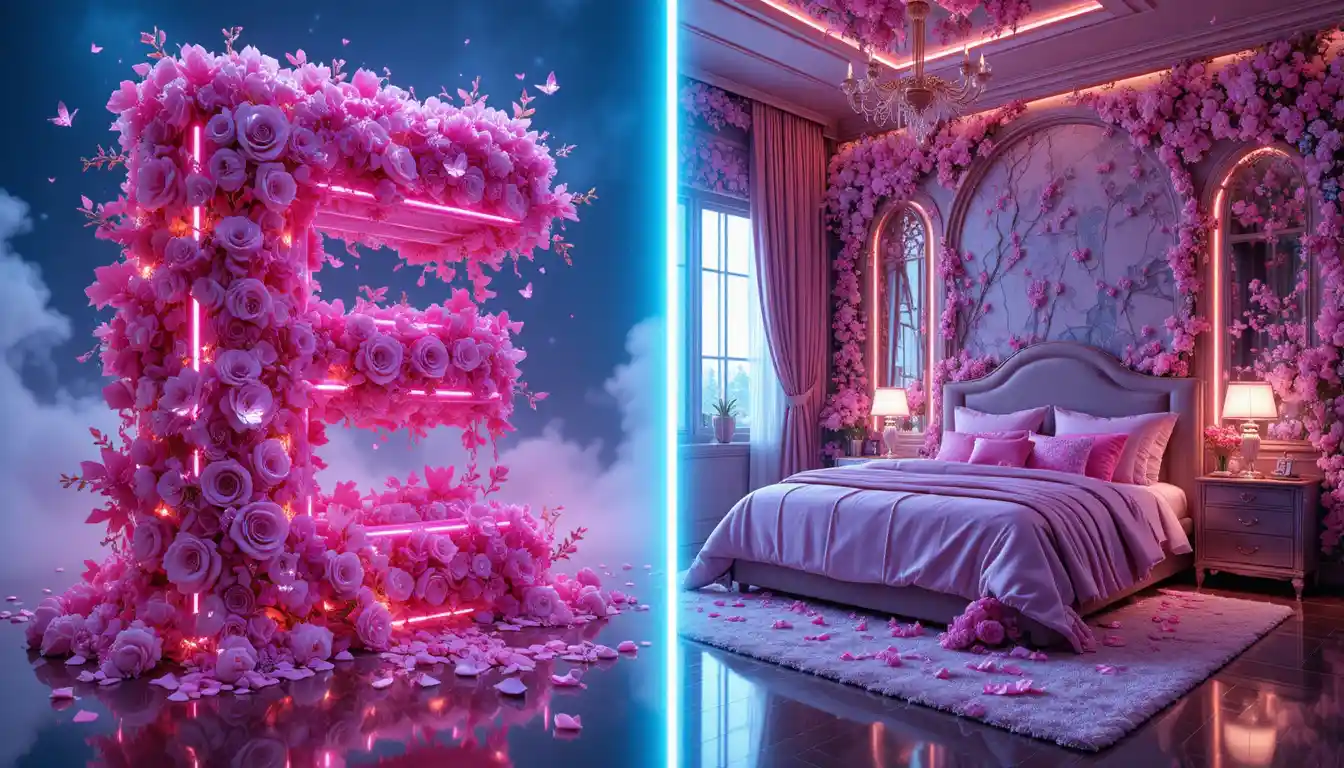 Neon Floral 3D Letter E With Misty Glowing Background