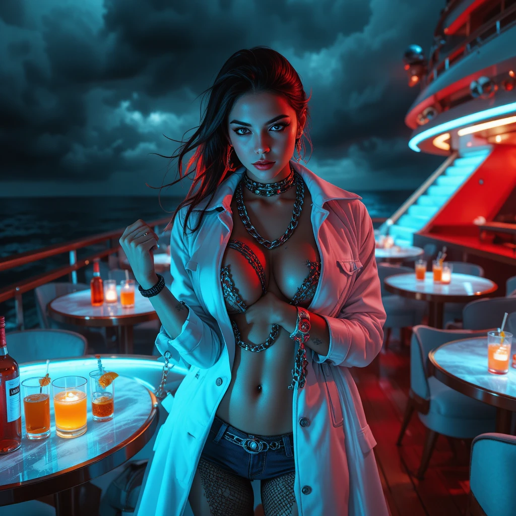 Reife Femme fatale mit Ketten und leuchtenden Tattoos