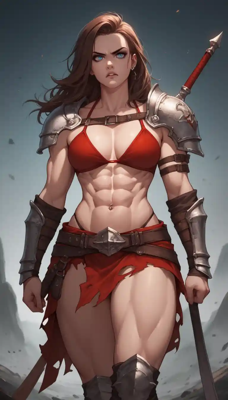 Guerriera corazzata in bikini rosso e gonna strappata