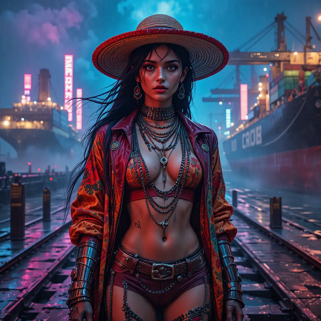 Colorful dieselpunk warrior woman in neon industrial rain