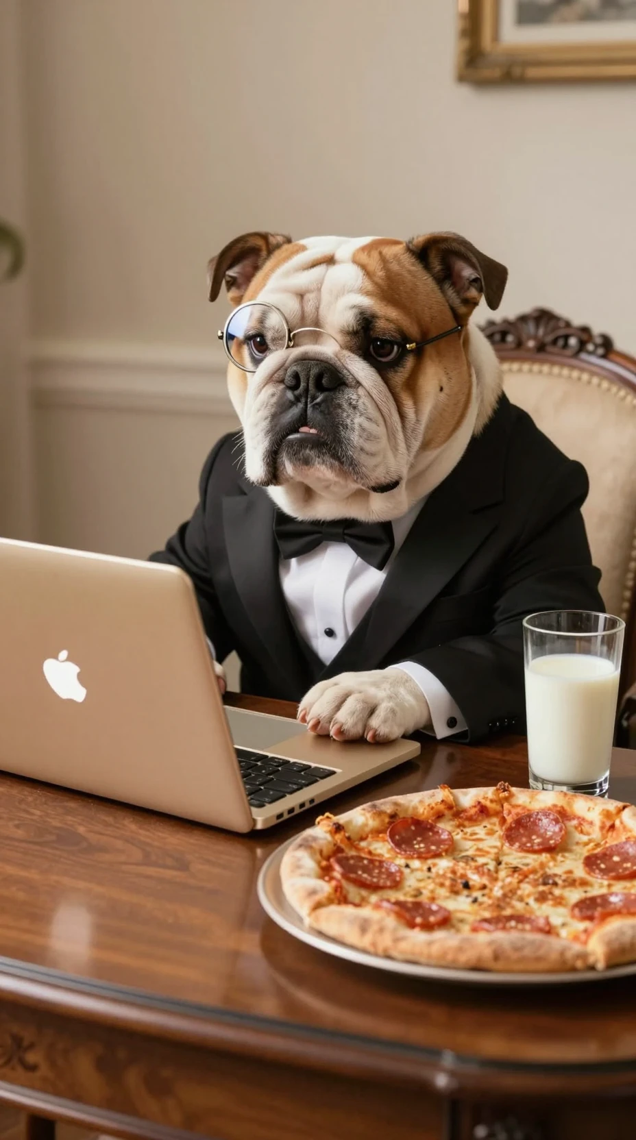 Bulldog rabugento de smoking digitando em mesa luxuosa