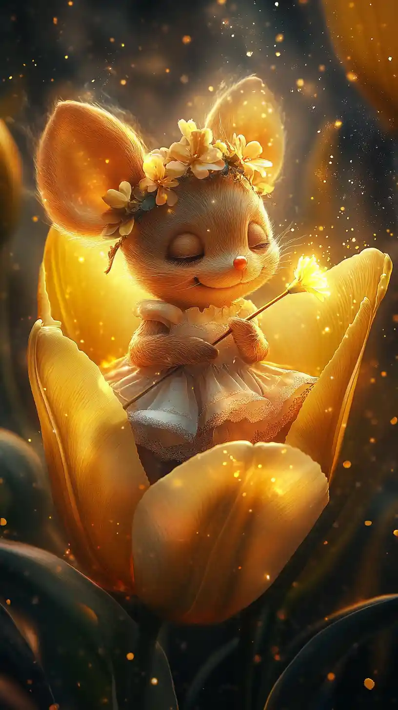 Whimsical Mouse Fairy Sitting In A Glowing Yellow Tulip