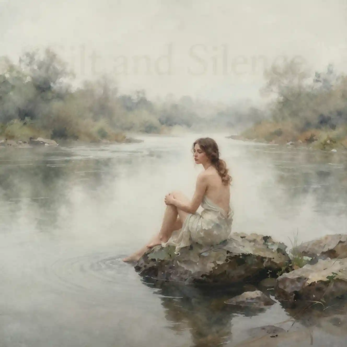 Watercolor girl on a misty river rock at dawn
