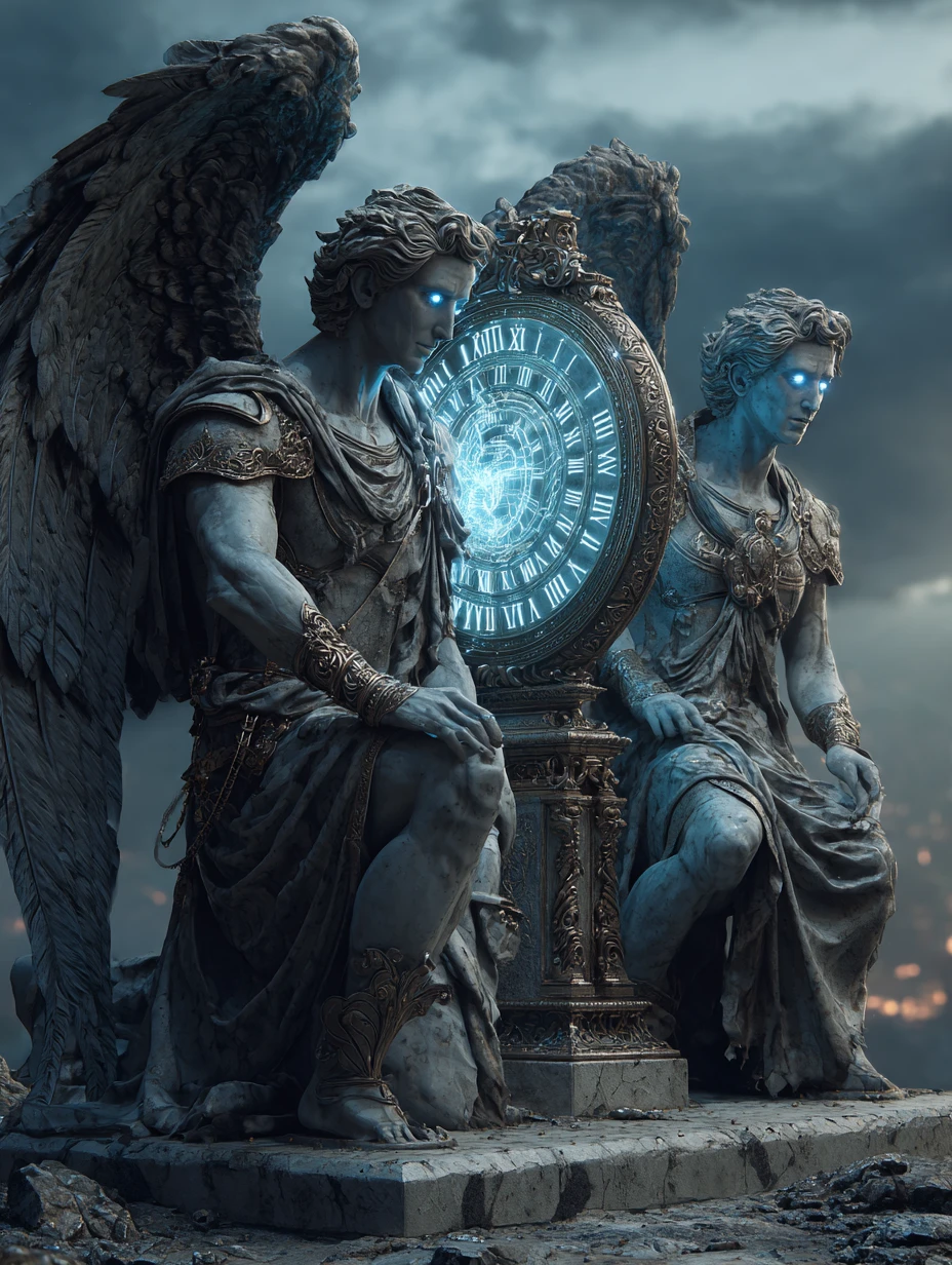 Statue di angeli in ginocchio che custodiscono un portale mistico luminoso