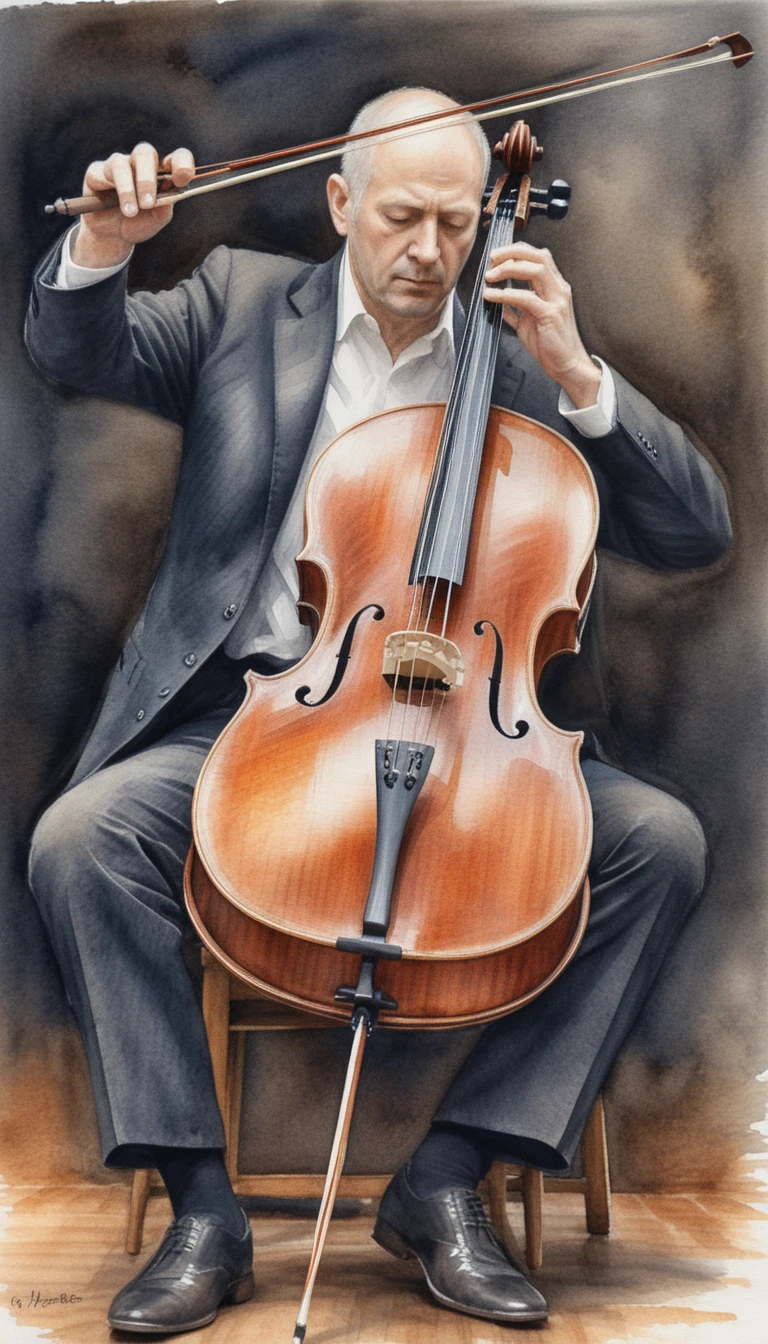 Cellist im dunklen Anzug spielt ein Holzcello auf der Bühne