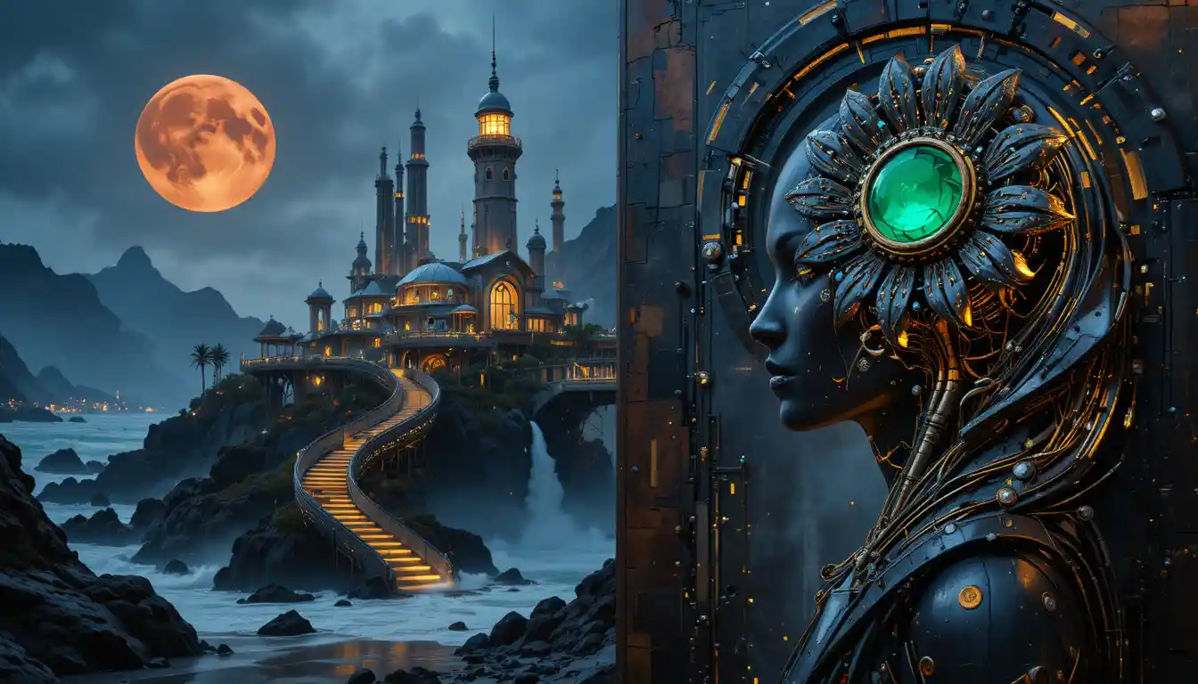 Cineastische Cyberpunk-Stadt mit gewaltigen metallischen Wolkenkratzern