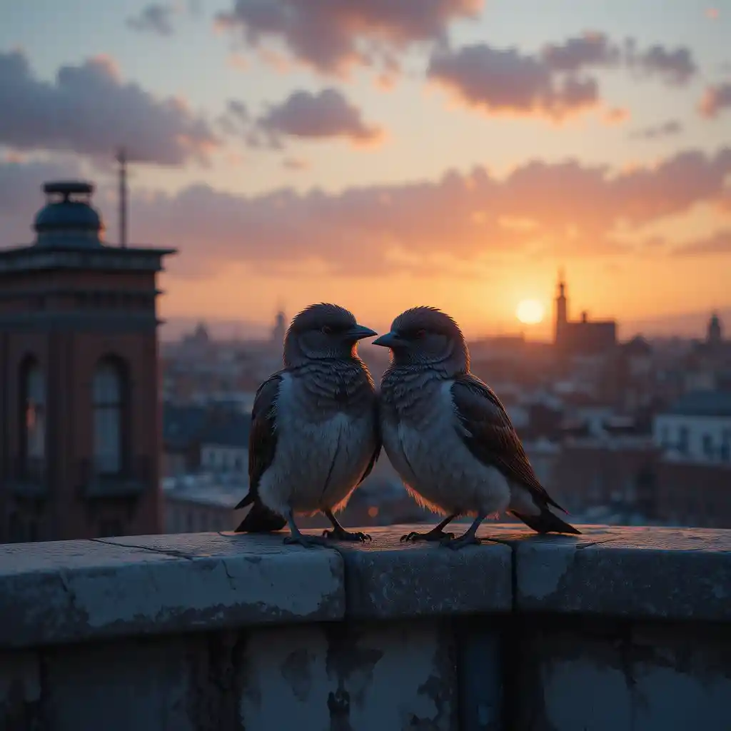 Due uccelli che riposano insieme su un tetto tranquillo al tramonto