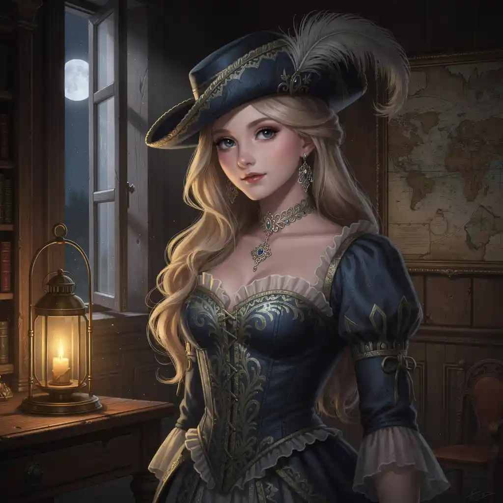 ろうそくに照らされた書斎の青いコルセットの優雅なファンタジー女性