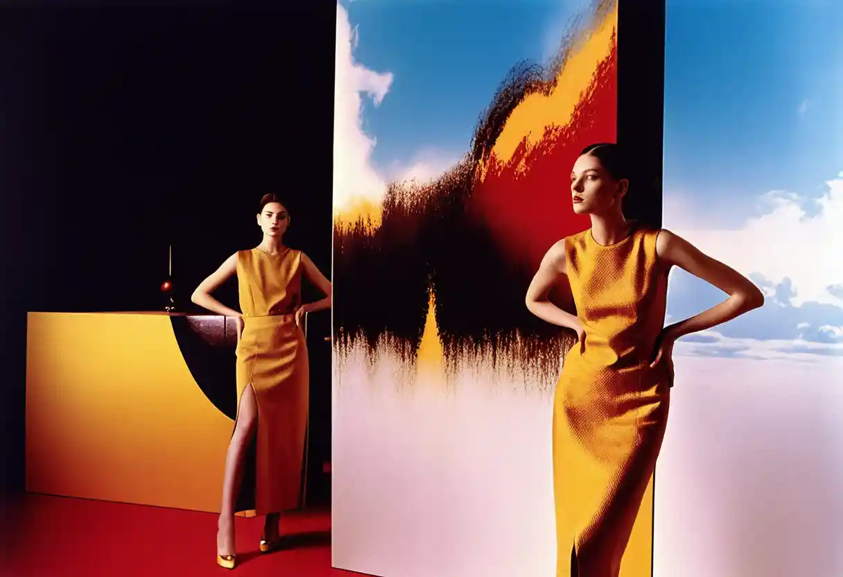 Female models in minimalist 2000s high fashion studio scene