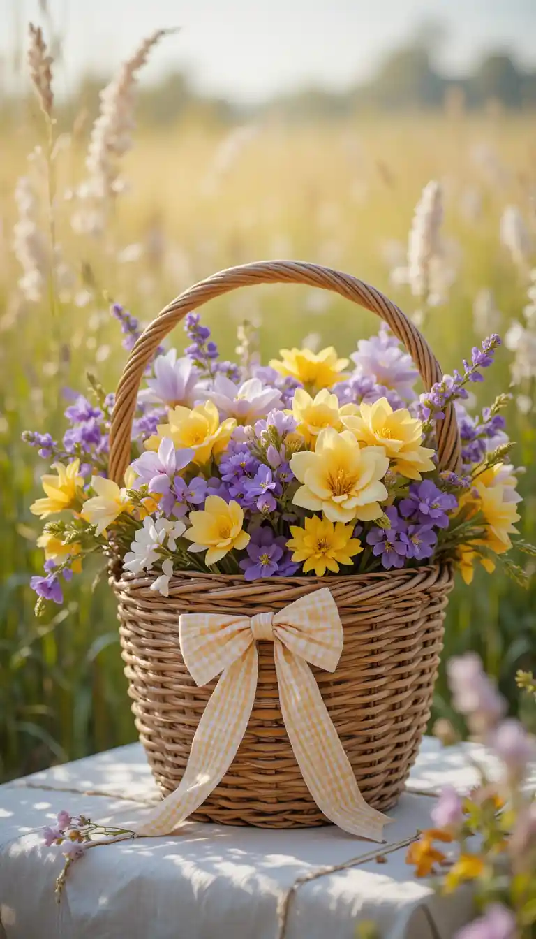 Wicker basket of colorful freesias in soft meadow light