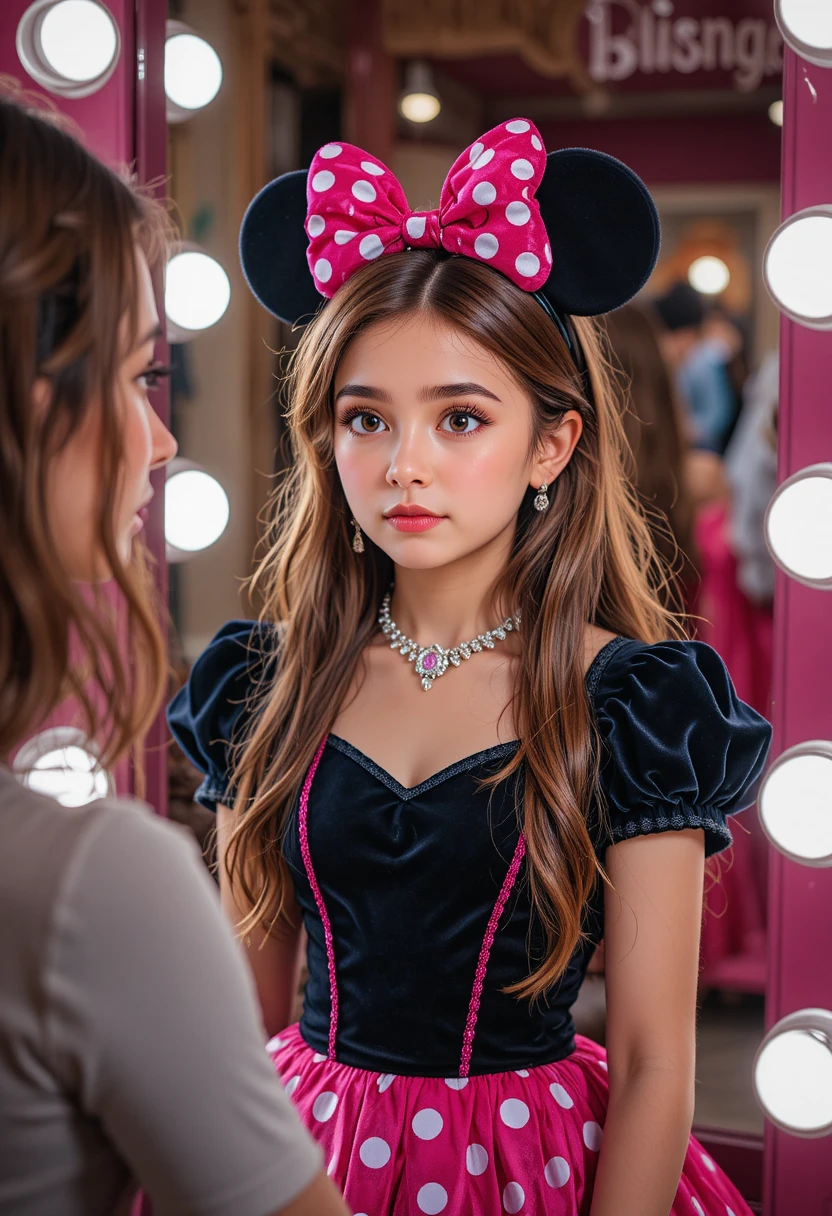 Ragazzo apprensivo con vestito di Minnie davanti allo specchio trucco in boutique