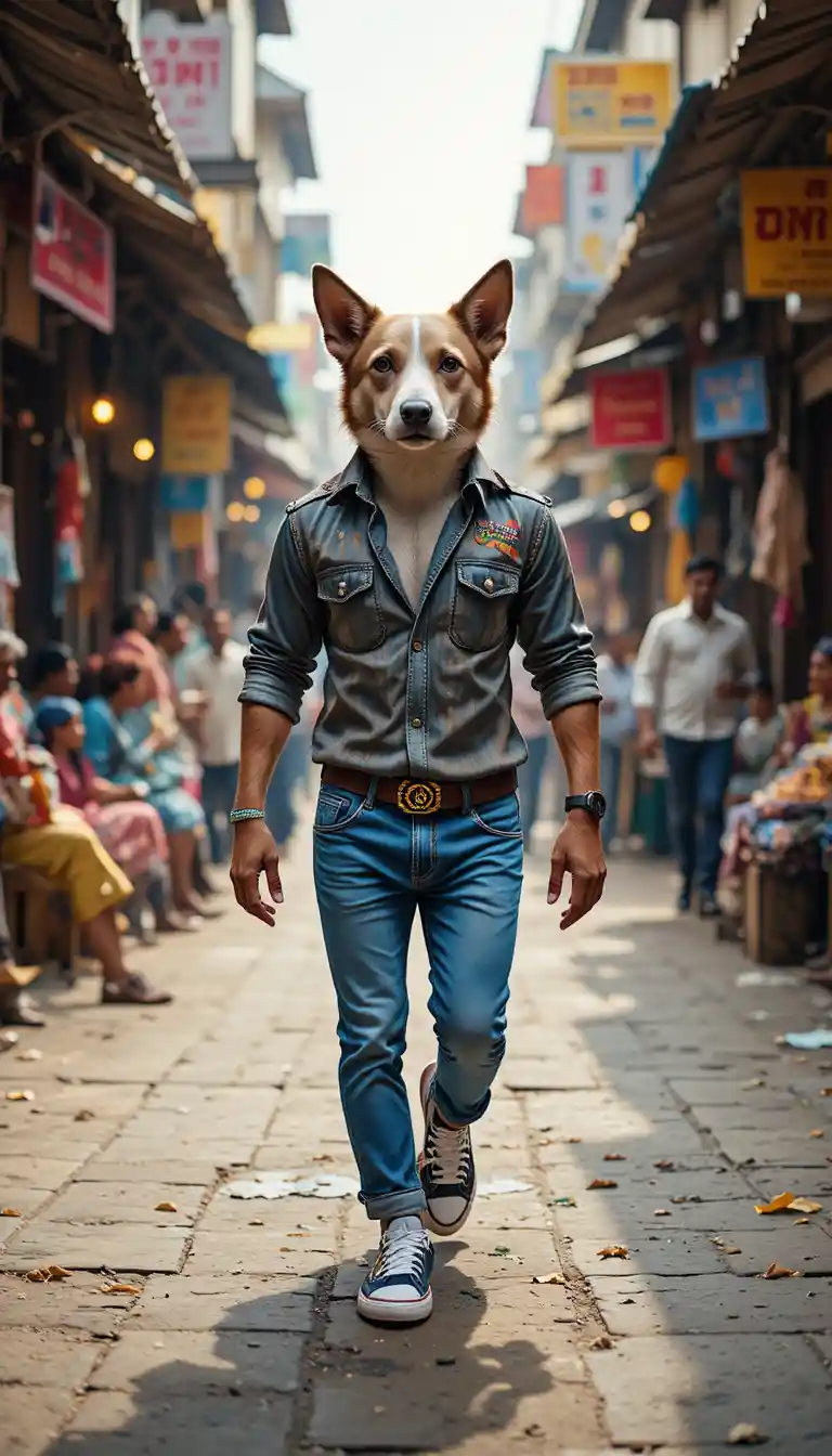 Realistic dog walking on two legs in Indian street market
