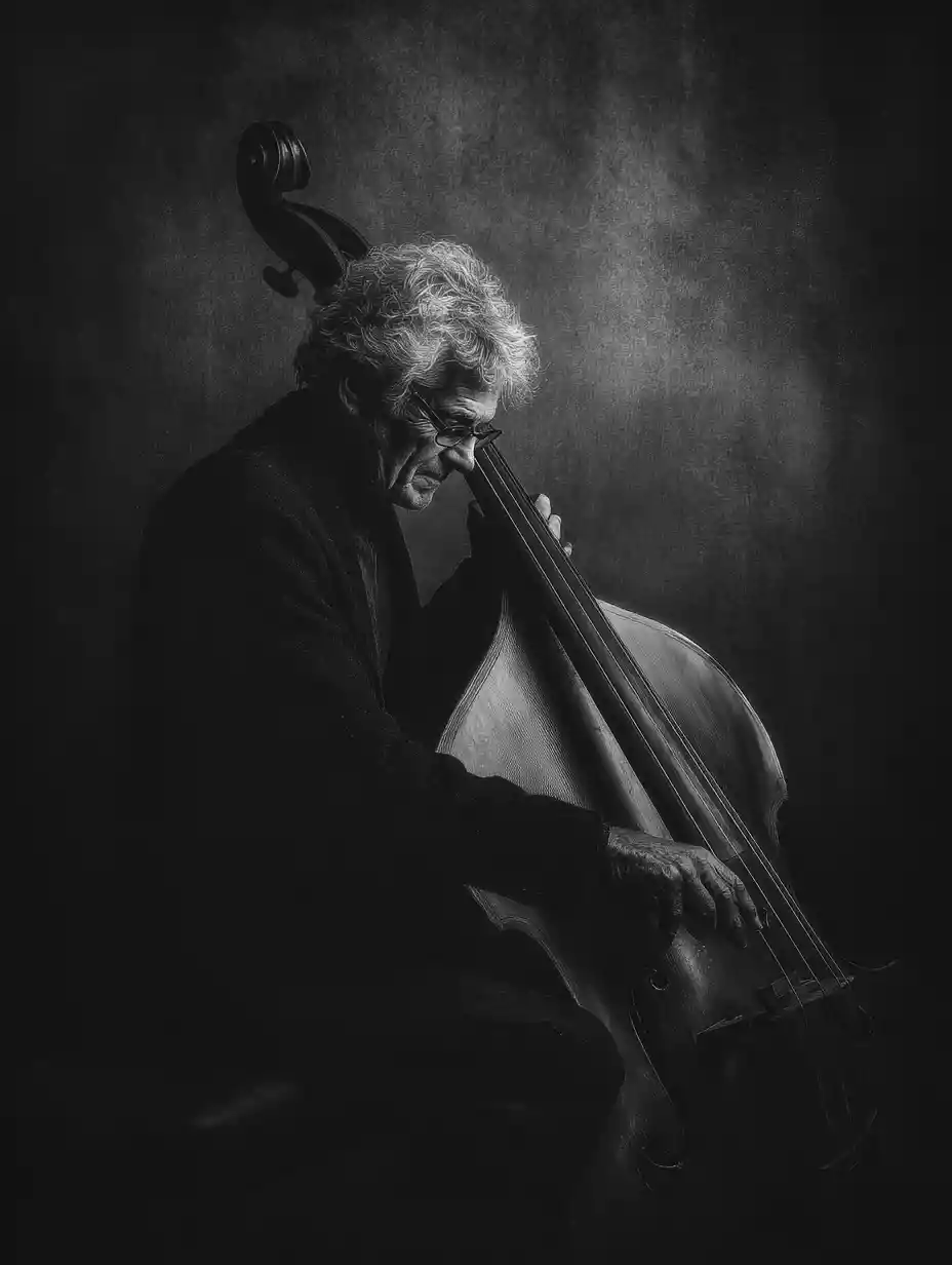 Anziano musicista che suona il contrabbasso in un drammatico ritratto monocromatico