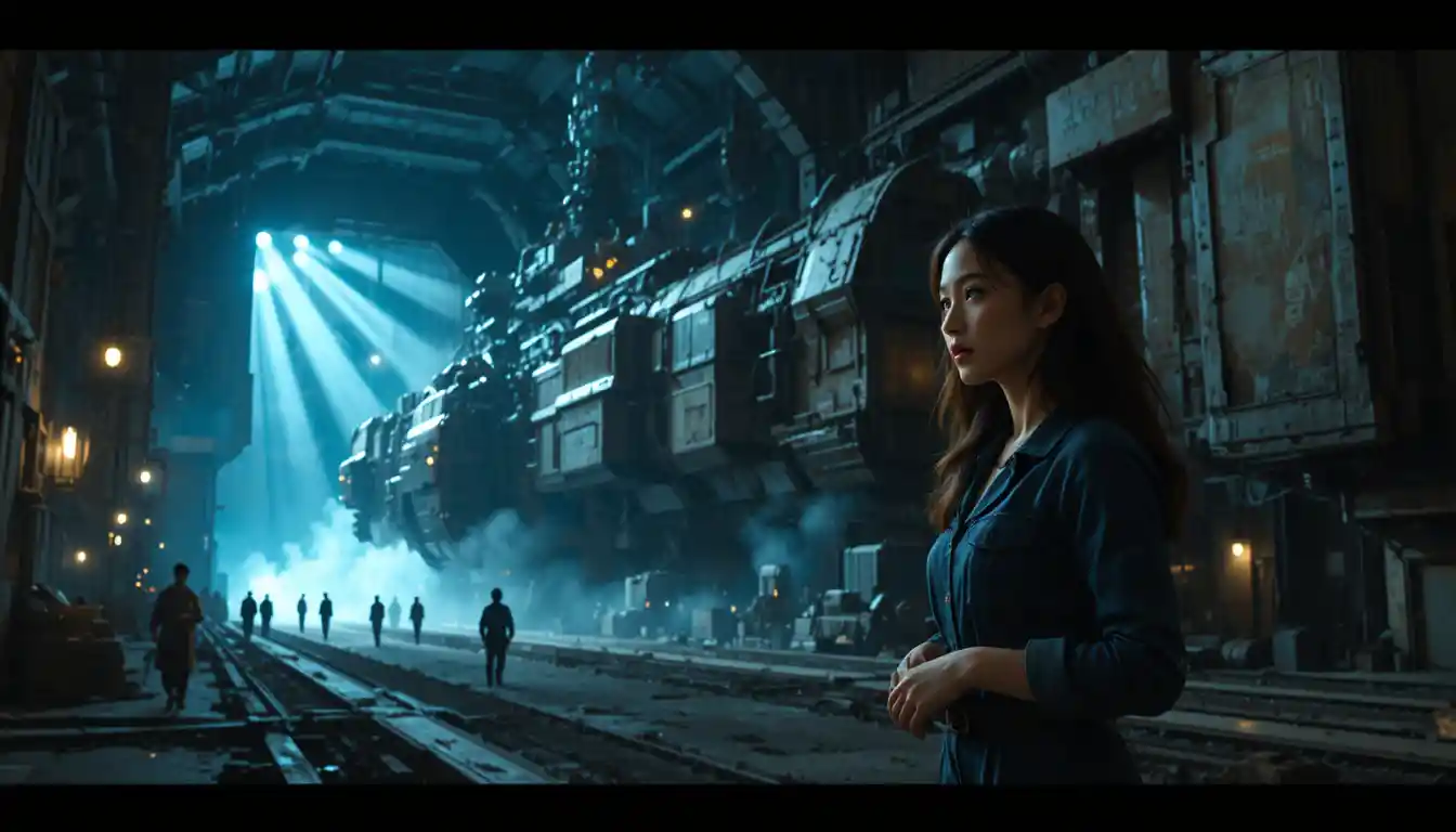 Woman in cargo bay of dystopian space station starship