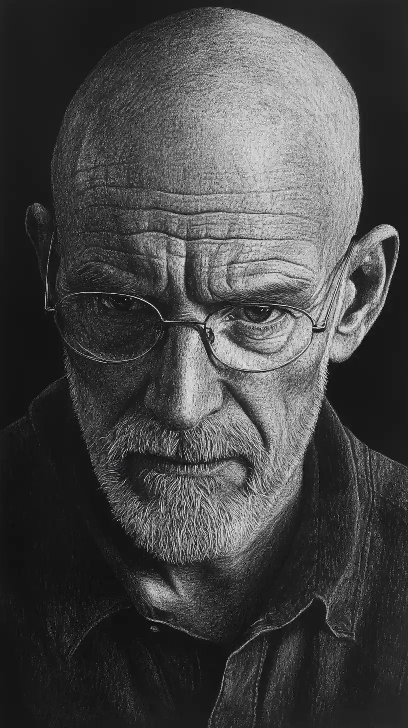 Graphitporträt eines glatzköpfigen Mannes mit Brille und intensivem Blick