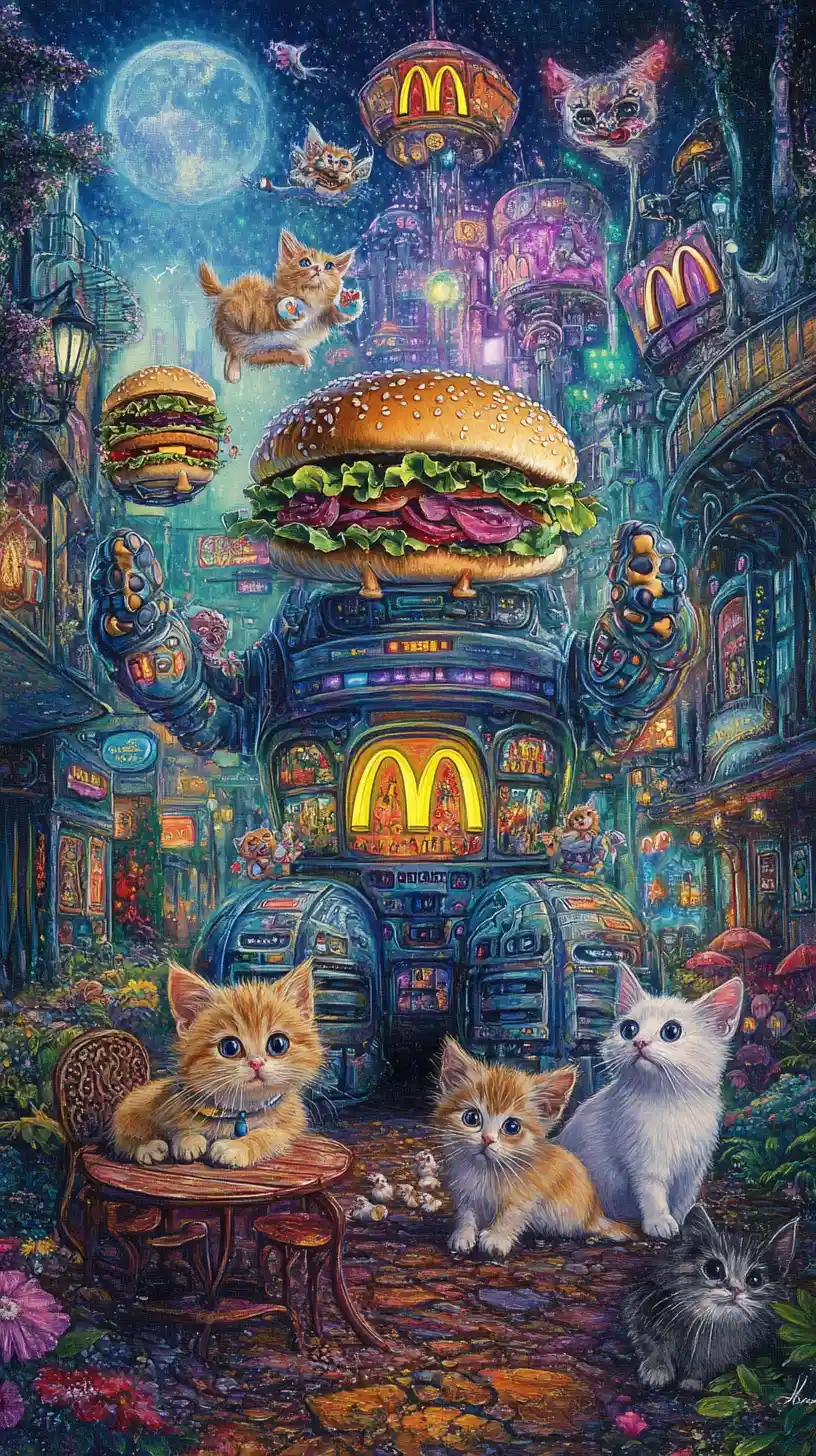 Cute animals receive burgers from a friendly robot