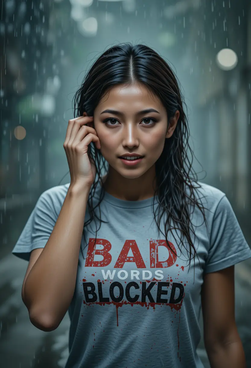 Joven mujer gritando bajo la lluvia con camiseta mojada