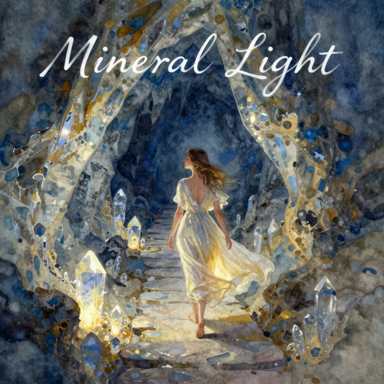 Watercolor girl ascending a glowing crystal cavern path
