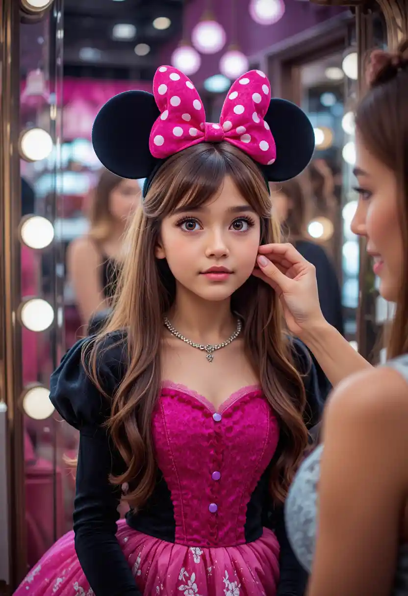 Apprehensive boy in pink dress in boutique dressing room