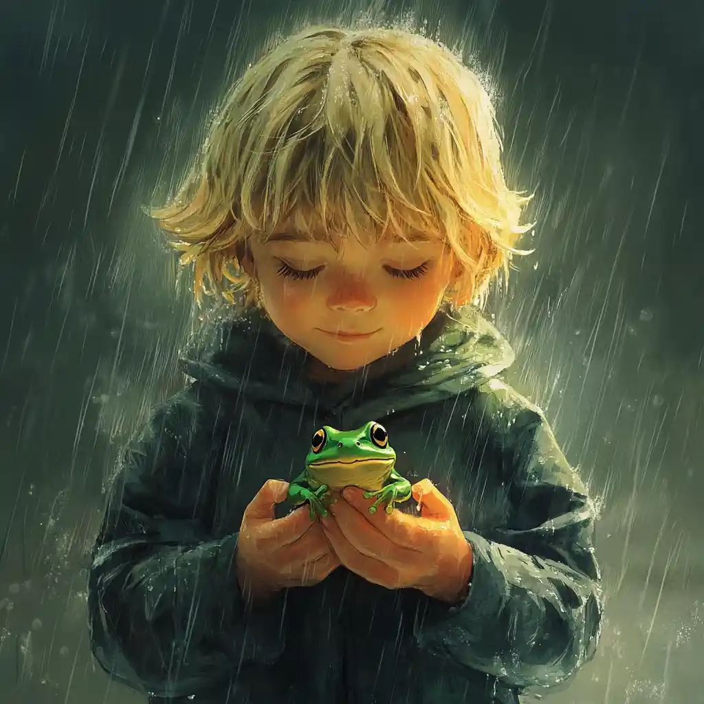 Young boy holding a tiny frog in gentle rain