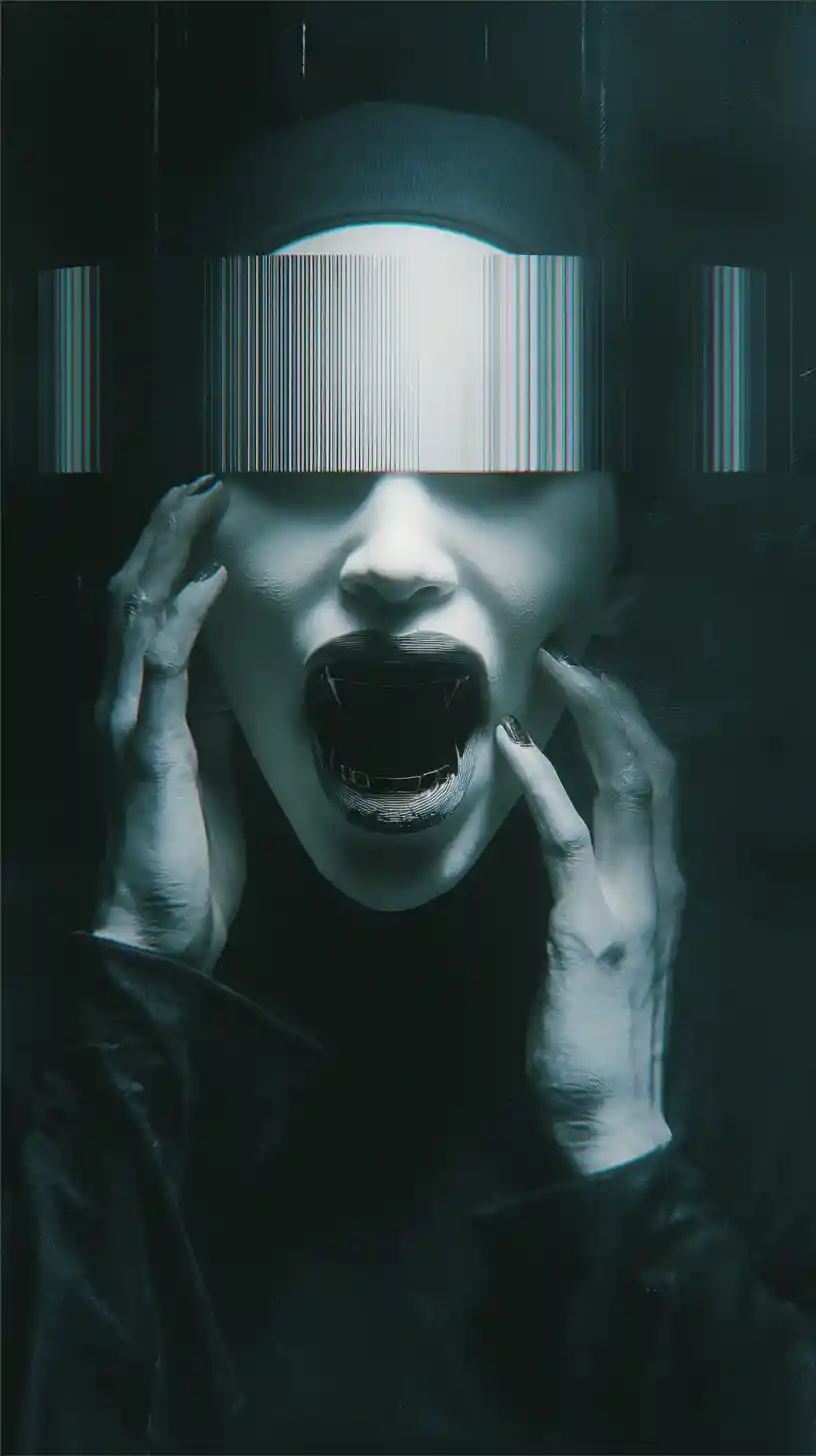 Pale sci fi cyborg priestess in a dark futuristic scene