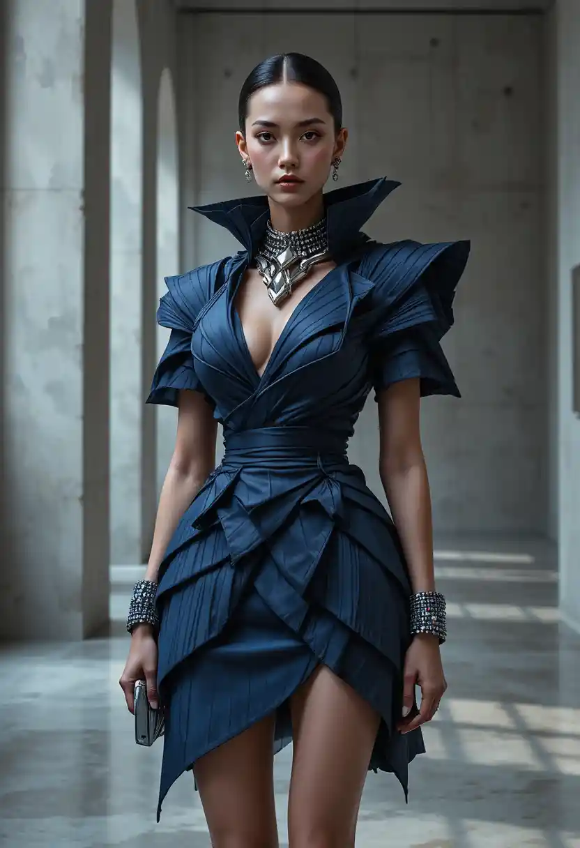 Avantgardistische Modefrau in skulpturaler Indigo-Couture