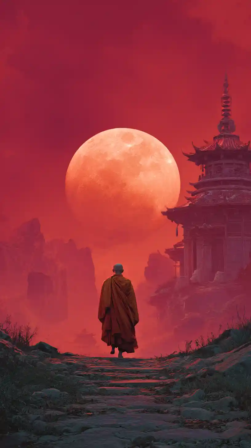 Asian monk by a temple under a distant red moon
