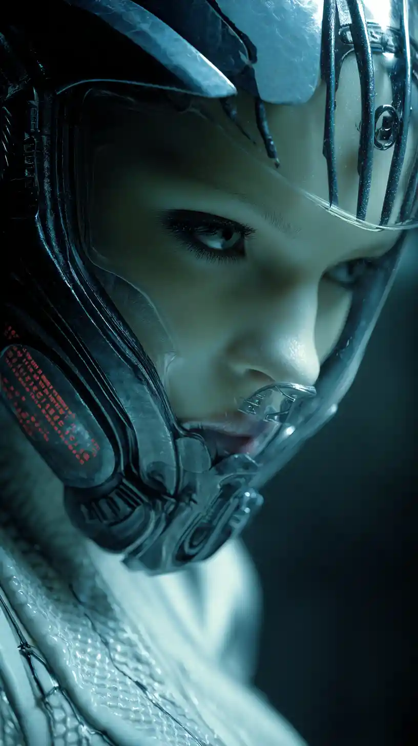 Pale cyborg priestess in a dark futuristic sci fi world