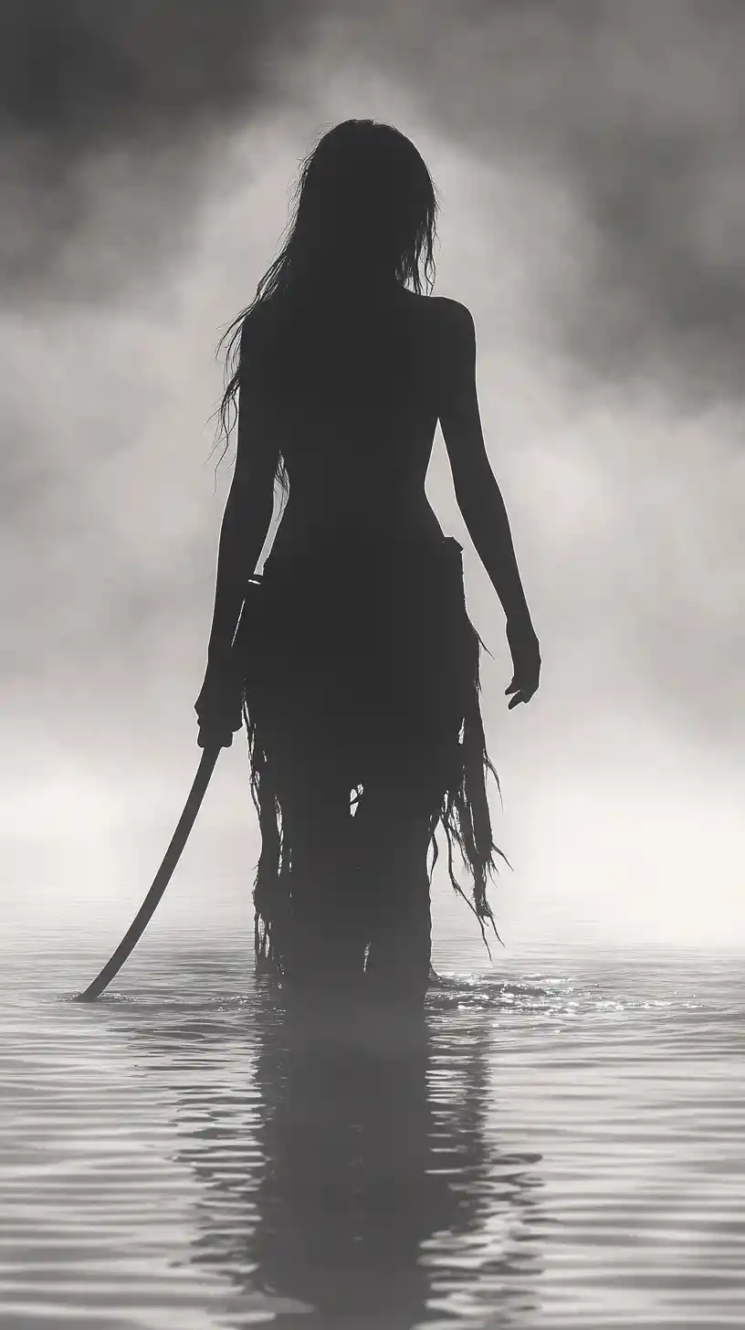 Silhouette of a warrior woman with katana in misty water