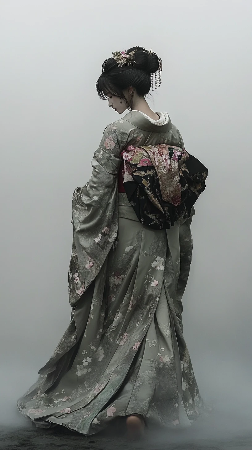 Einsame Frau im Nebel in traditionellem Kimono