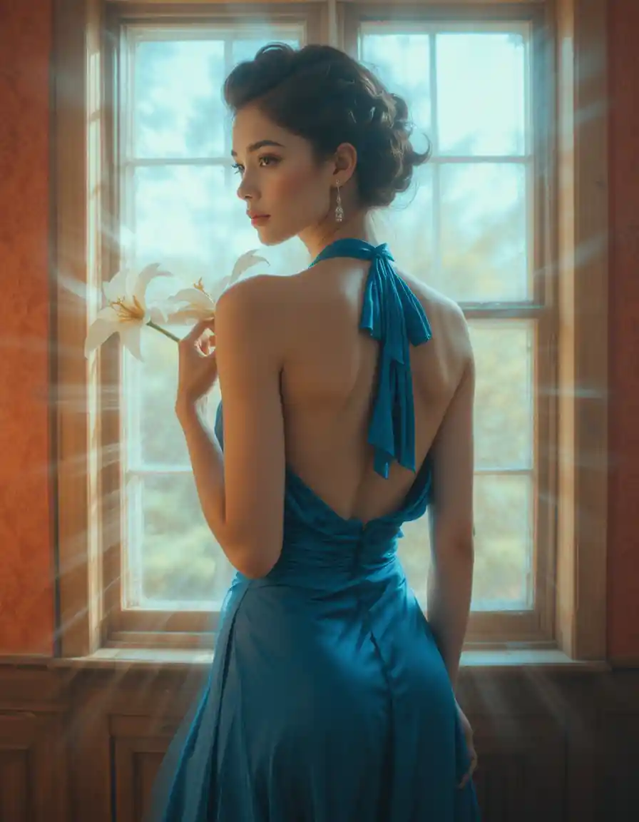 Woman in blue satin top holding lily by window