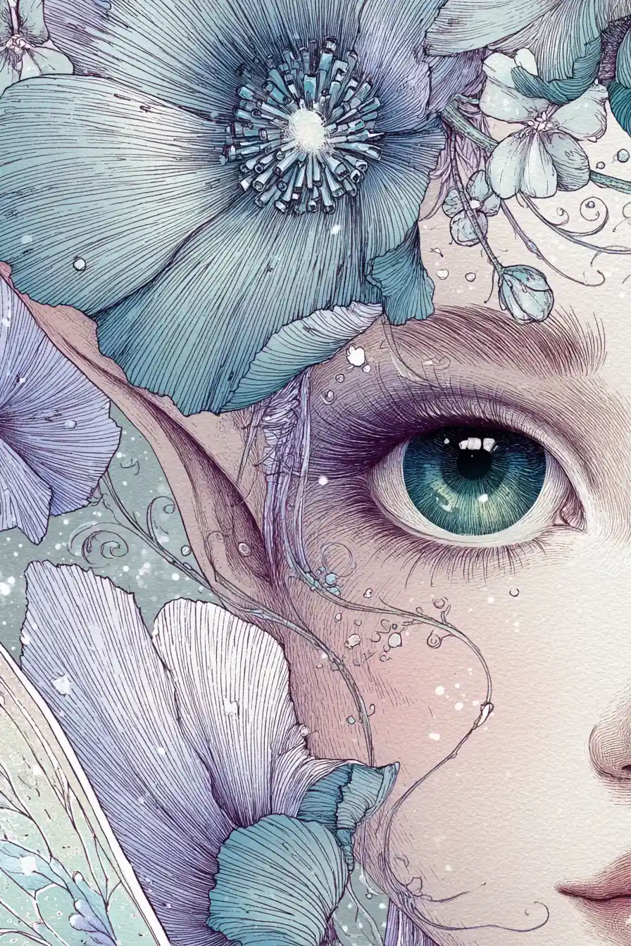 Joyful fairy girl portrait in watercolor ink illustration