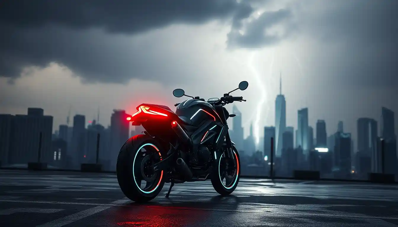 Cyberpunk motorcycle racing through a stormy futuristic city