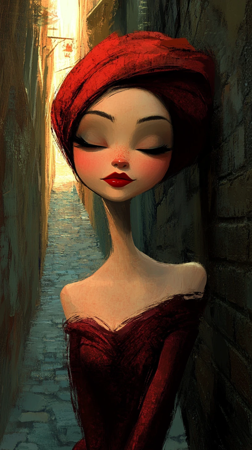 Retrato surreal de mulher de vestido vermelho em viela de pedra