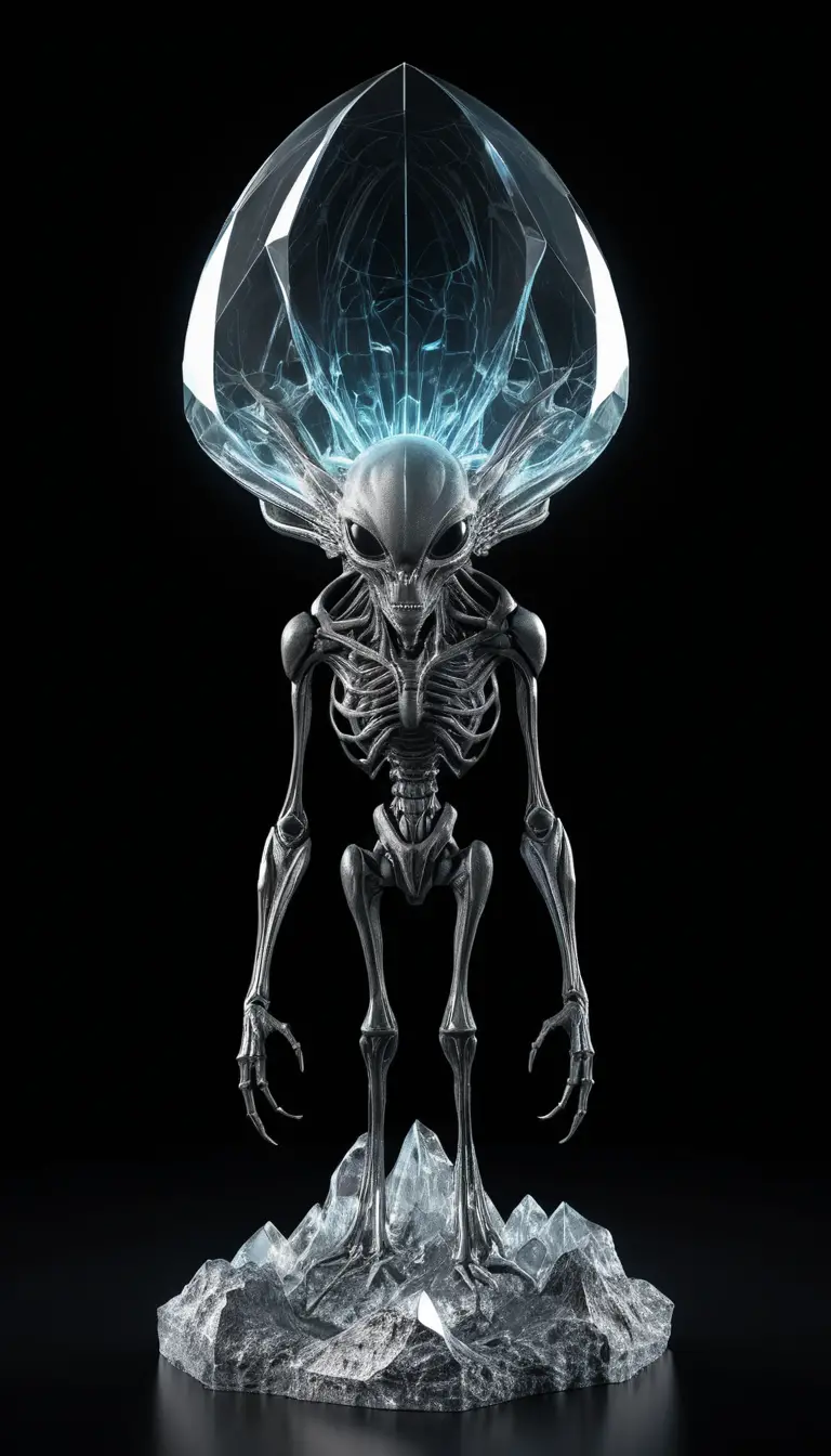 Cristal extraterrestre lumineux sur fond noir pur