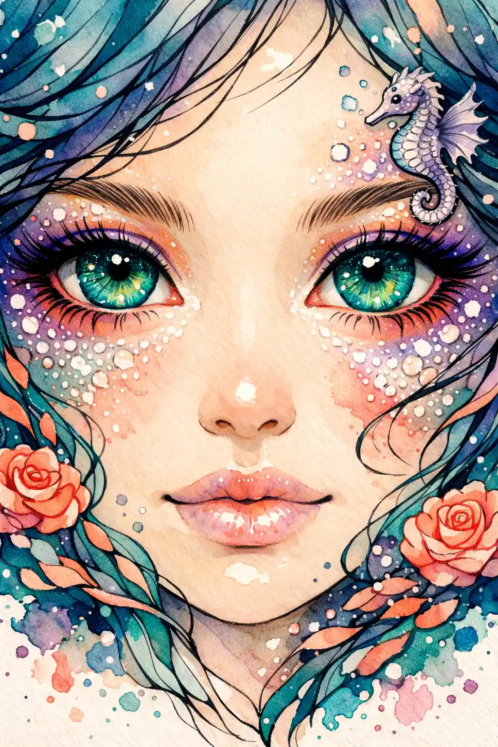 Enchanting mermaid girl close up with luminous sea green eyes