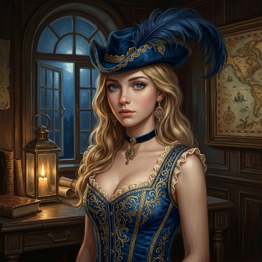 Elegant fantasy woman in blue corset in candlelit study