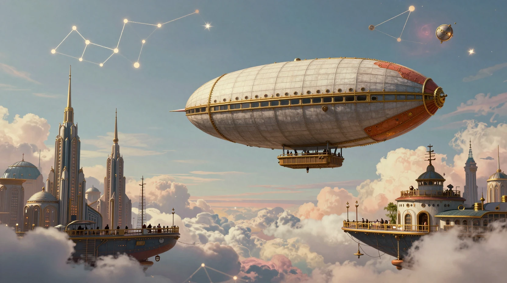 Dirigível steampunk sobre uma cidade retrofuturista flutuante
