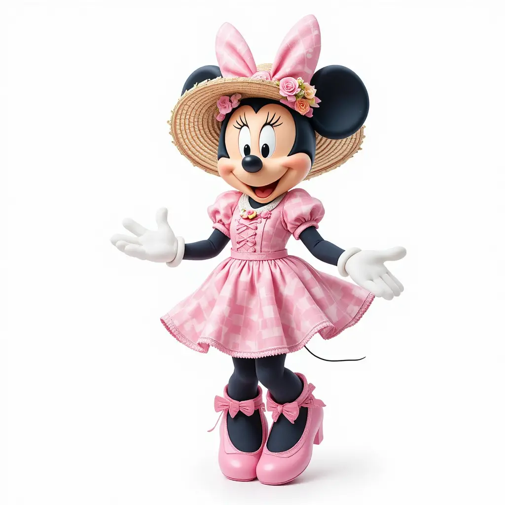 Cartoon Minnie style character in pink Easter outfit
