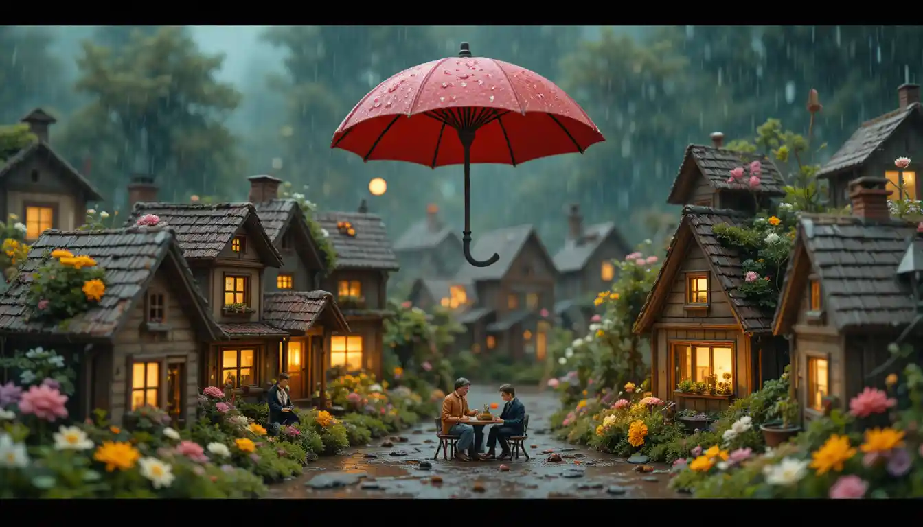 Miniature people sheltering under a towering wildflower bouquet