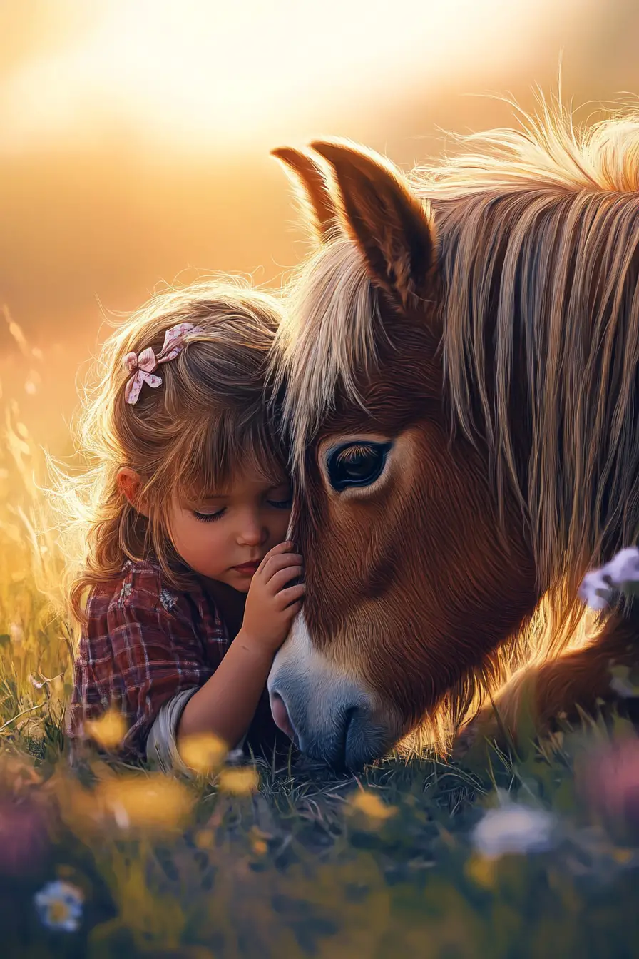Young child cuddling a pony in soft golden fields
