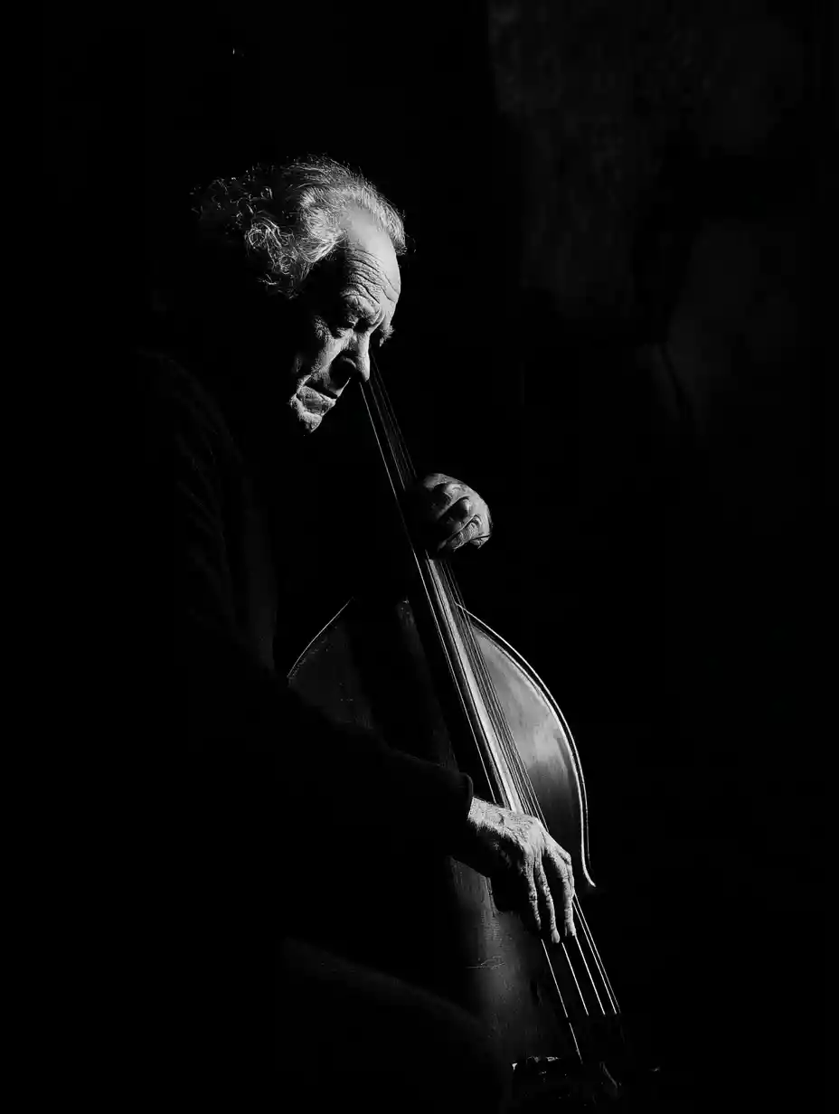 Dramatic black and white portrait of an elderly bassist