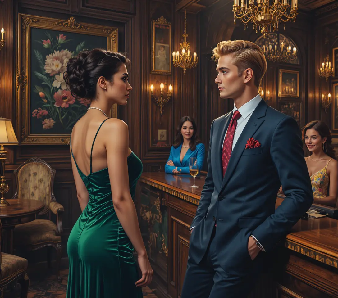 Mujer elegante con vestido verde se encuentra con un hombre en el bar