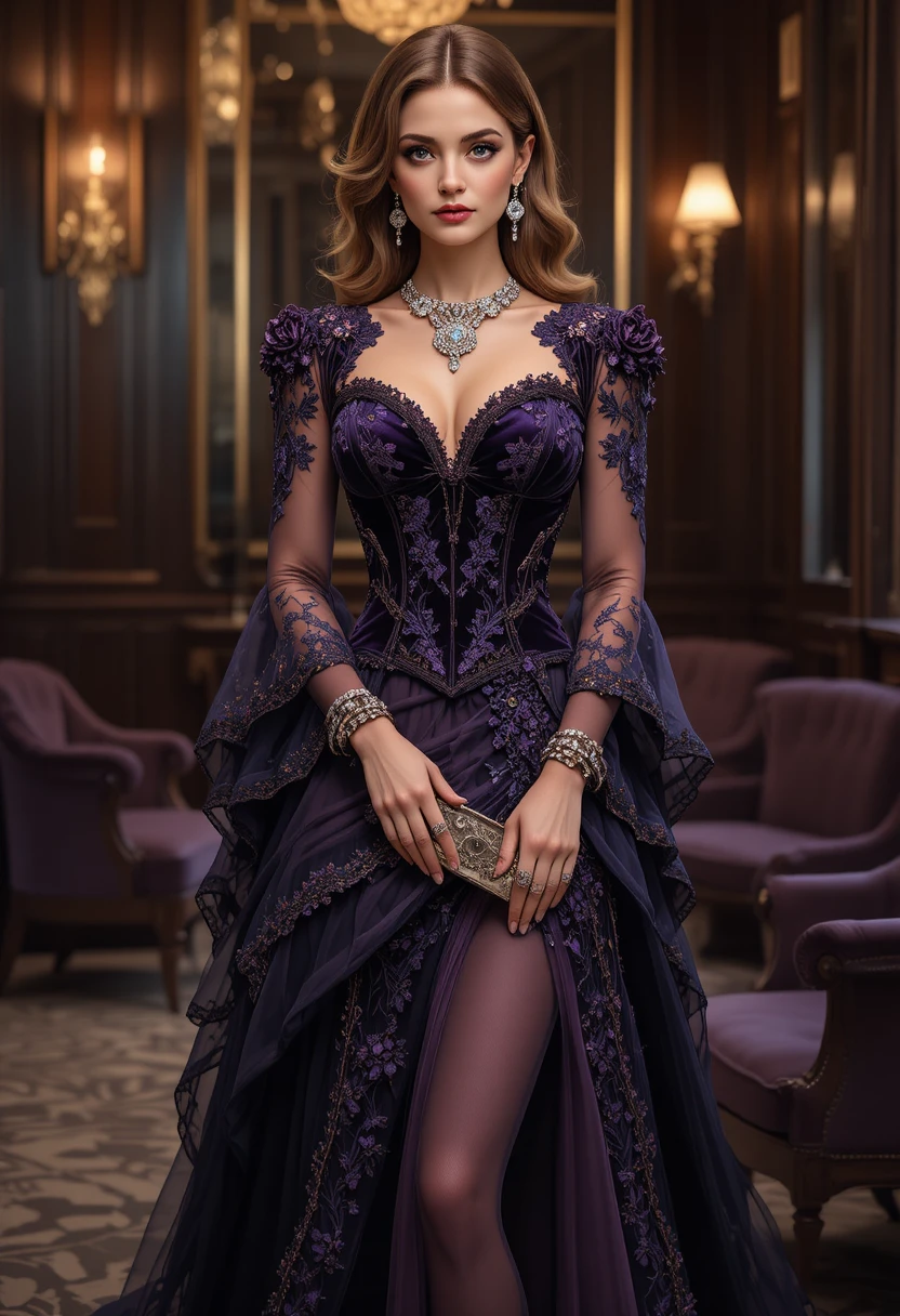Elegante Frau im pflaumenfarbenen Couture-Kleid in privater Lounge