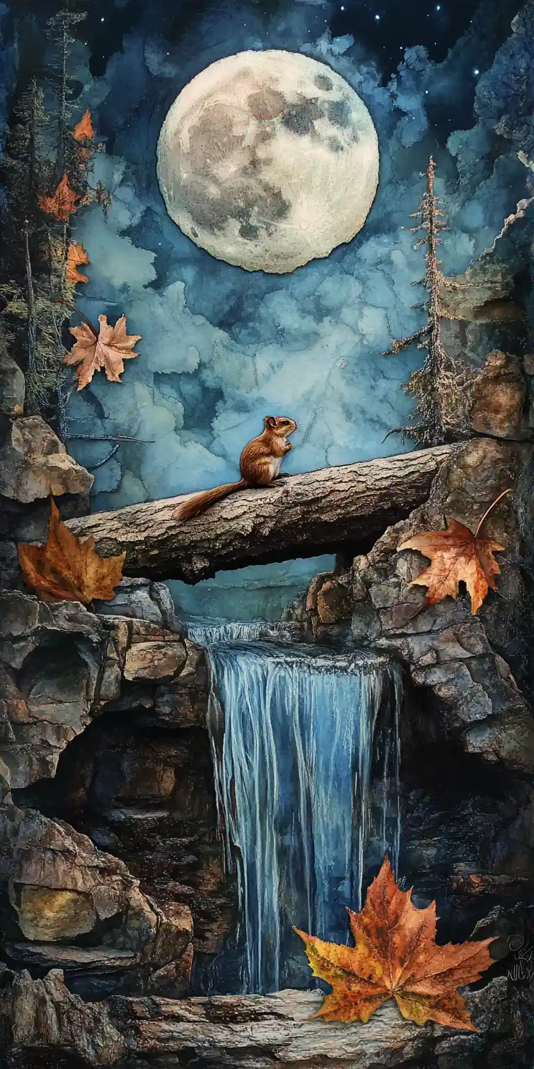 Collage surreale con tamia, luna-cascata ed elementi della foresta