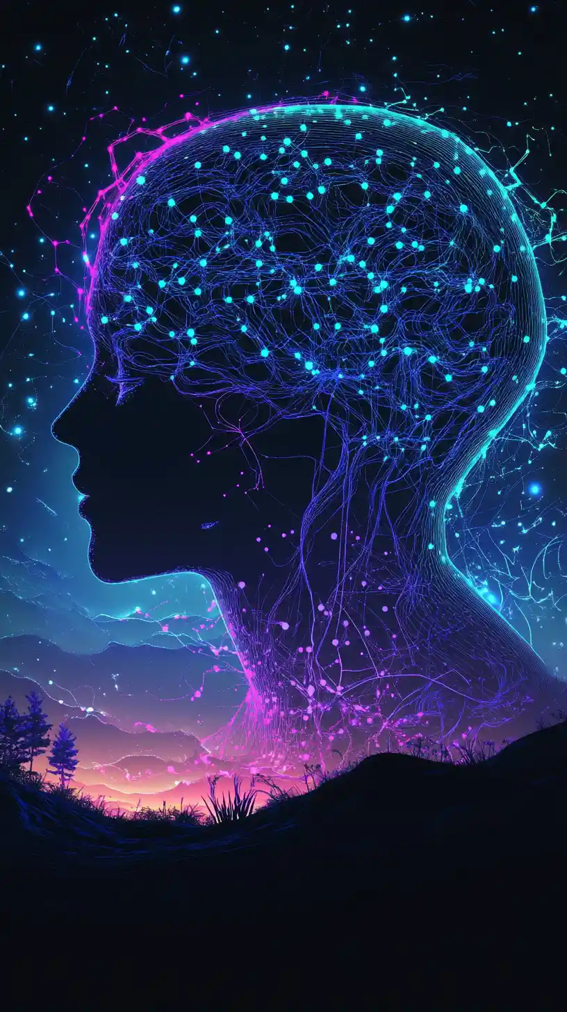Profile head silhouette with glowing neural network lines