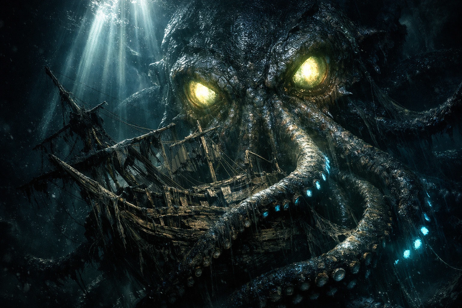 Colossal kraken entwining a rotting pirate ship underwater